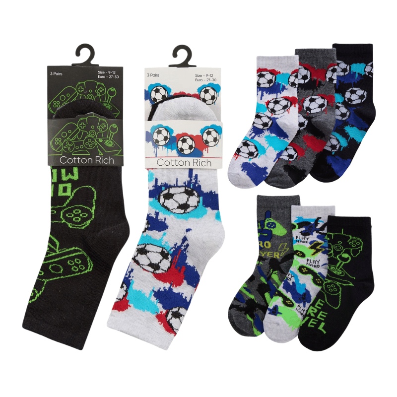 Boys 3 Pack Football & Gaming Design Socks