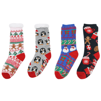 Kids Heat Machine Christmas Snuggle Toe Sherpa Lined Cosy Socks With Gripper