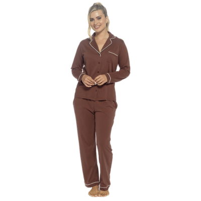 Ladies Jersey Button Through Classic Pyjama Set - Chocolate Brown
