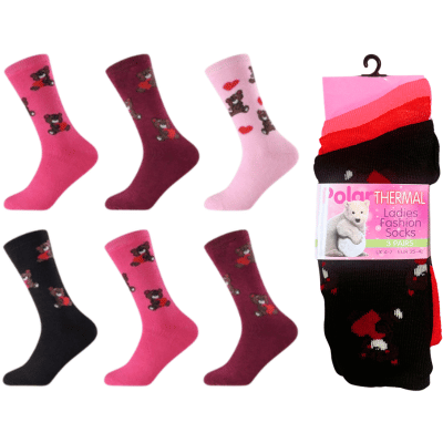 Ladies Brushed 3 Pack Thermal Socks - Bear Hugs
