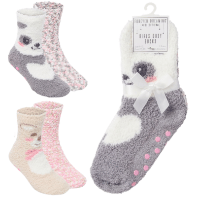 Girls 2 Pack Animal Design Popcorn Cosy Socks
