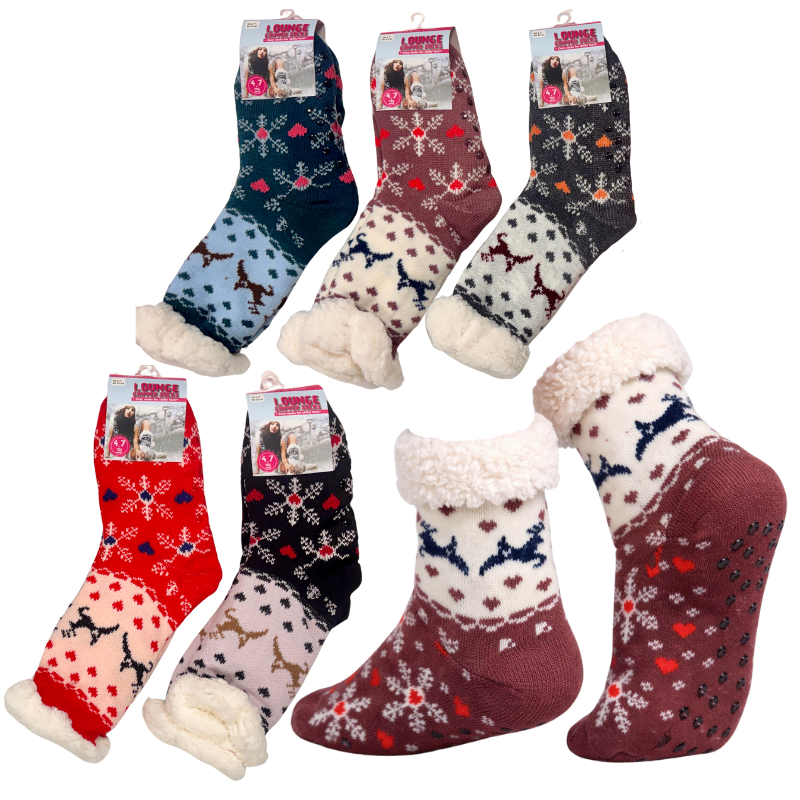 Ladies Cosy Sherpa Gripper Socks Stag Heart
