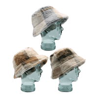 Ladies Check Design Faux Fur Bucket Hat