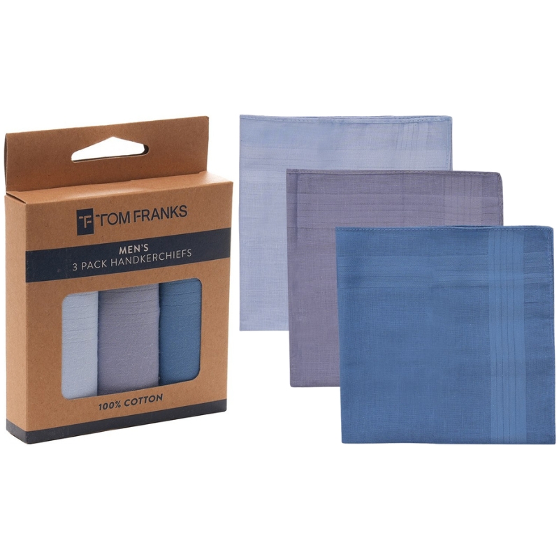 Mens 3 Pack Blue 100% Cotton Hankies - Brown Box