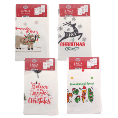 Christmas Design 100% Cotton 3 Pack Velour Tea Towels
