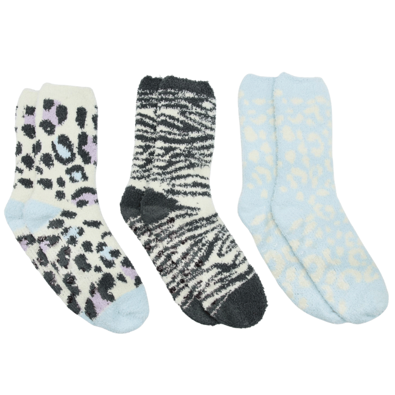 Ladies 3 Pack Snuggle Toe Cosy Socks With Gripper - Animal Prints