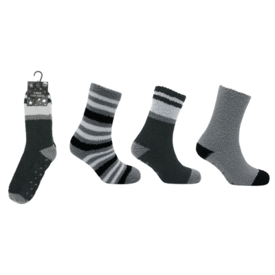 Mens 3 Pack Grey Mixed Design Cosy Socks With Gripper