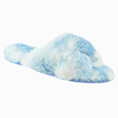Ladies Two Tone Crossover Fluffy Slider - Blue