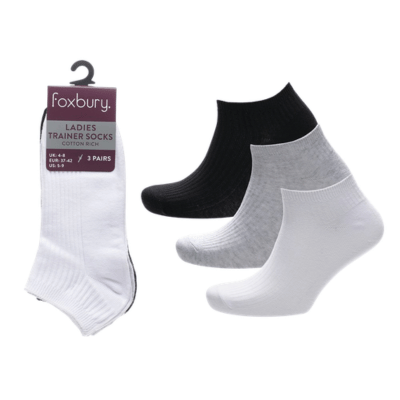 Ladies 3 Pack Black/Grey/White - Drop Needle Trainer Socks
