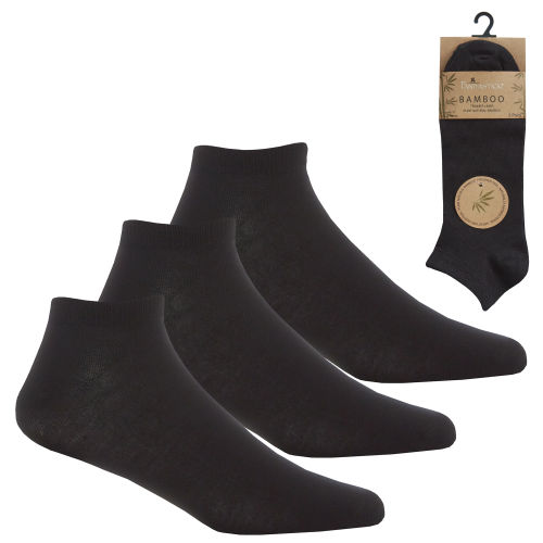 Mens 3 Pack Bamboo Trainer Socks Black A&K Hosiery UK Wholesale