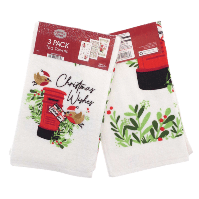 Christmas Wishes Festive Robin Design 100% Cotton 3 Pack Velour Tea Towels