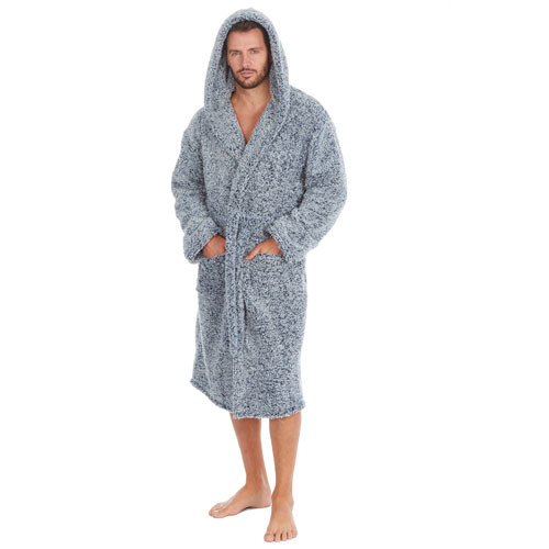 Mens Frosted Sherpa Hooded Gown Navy | Wholesale Nightwear | Wholesale ...