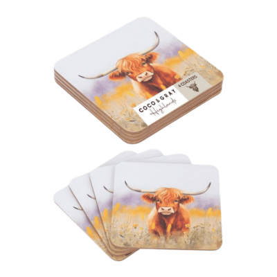 Coco & Gray Highland Cow Coasters - Pack Of 4