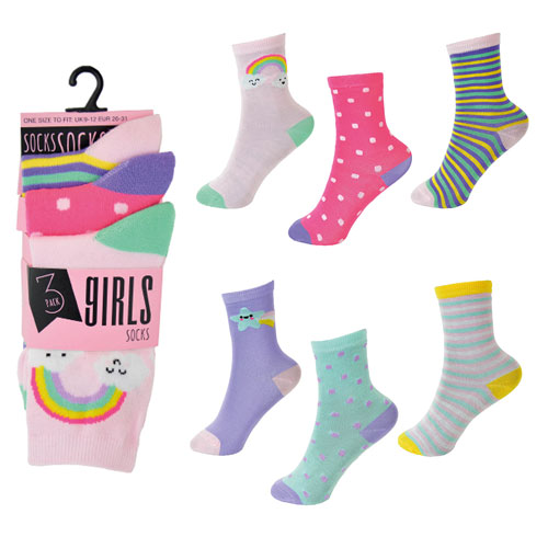 Girls 3 Pack Rainbow Design Socks