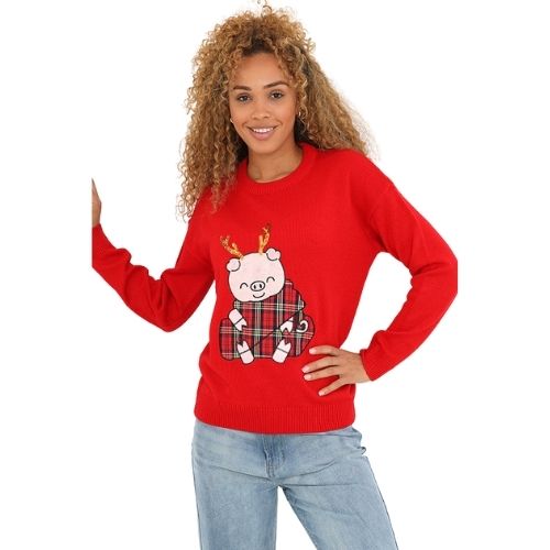 Ladies Christmas Jumper Pig In Blanket Red Wholesale Christmas