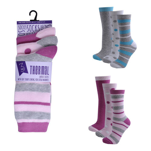 Ladies Stripe/Dot Thermal Socks 3 Pack