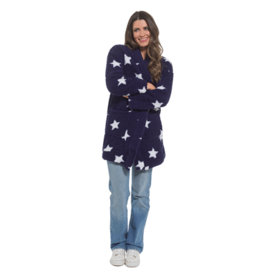 Ladies Sherpa Fluffy Fleece Edge To Edge Cardigan - Navy With White Stars