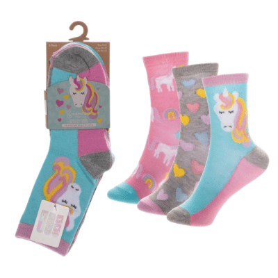 Girls 3 Pack Bamboo Unicorn/Rainbow Design Socks