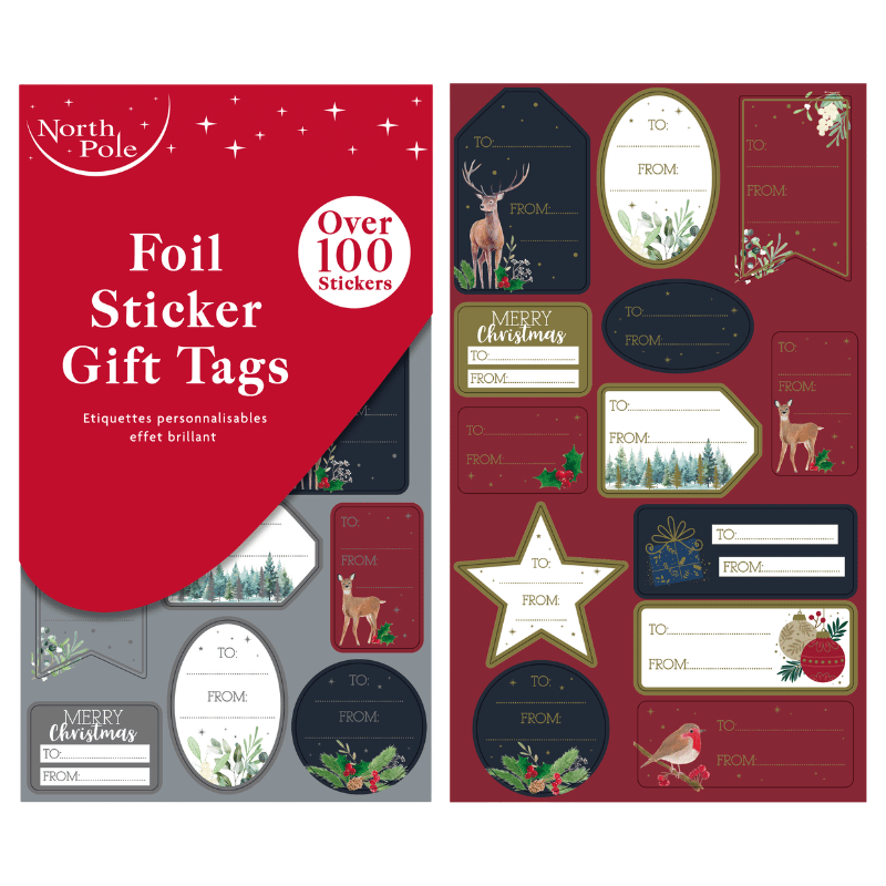 Traditional Foil Sticker Christmas Gift Tags - 100 Pack