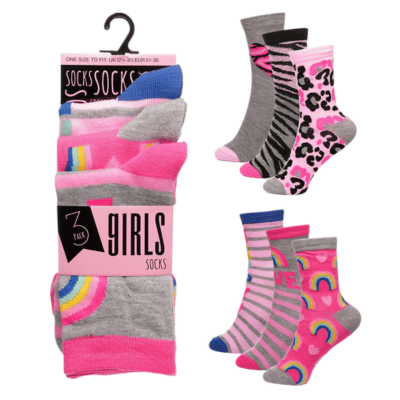 Girls 3 Pack Rainbow Animal Design Socks