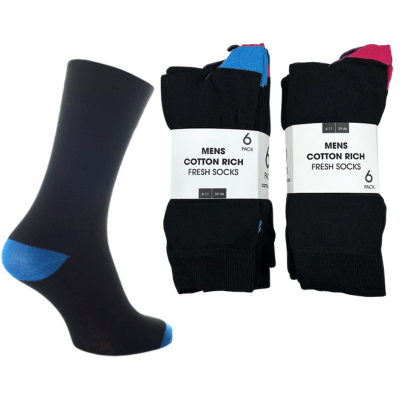 Mens 6 Pack Cotton Rich Fresh Socks Coloured Heel & Toe