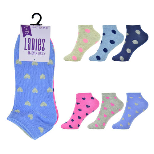 Ladies 3 Pack Trainer Socks Spots And Hearts