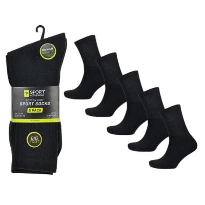 Mens Big Foot Black Sport Socks 5 Pack