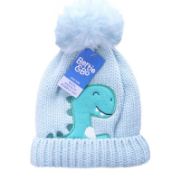 Kids Dino Beanie Hat with Turn Up, Fleece Lining & Pom Pom