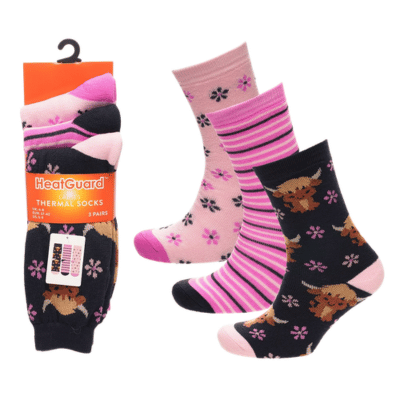 Ladies 3 Pack Highland Cow Print Thermal Socks