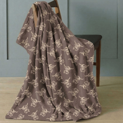 Highland Cow Design Fleece Blanket Throws 120x150cm - Mocha