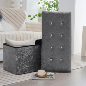 Velvet Cushioned Ottoman Storage Charcoal with Jewel