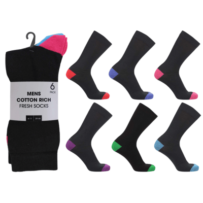 Mens 6 Pack Cotton Rich Fresh Socks Coloured Heel & Toe