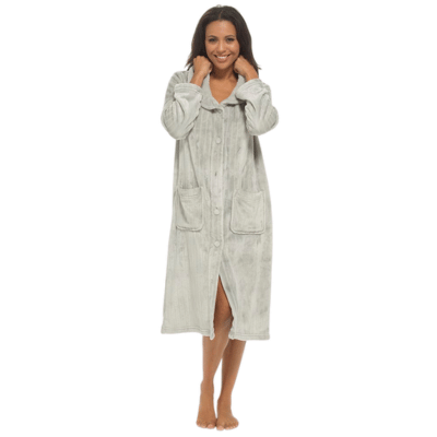 Ladies Soft Touch Flannel Cut Fleece Button Gown with Shawl Collar - Grey