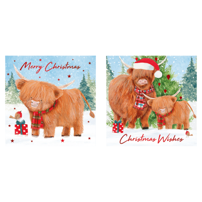 Festive Highland Cow Design 12 Pack Christmas Cards