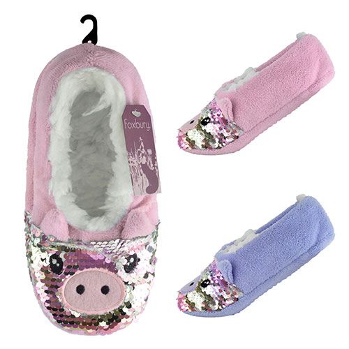 Ladies Pig Design Slipper Socks With Sequins