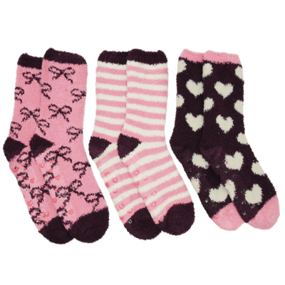 Ladies 3 Pack Snuggle Toe Cosy Socks With Gripper - Bows & Stripes