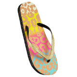 Ladies Ombre Leopard Flip Flops Gold With Gem Sole