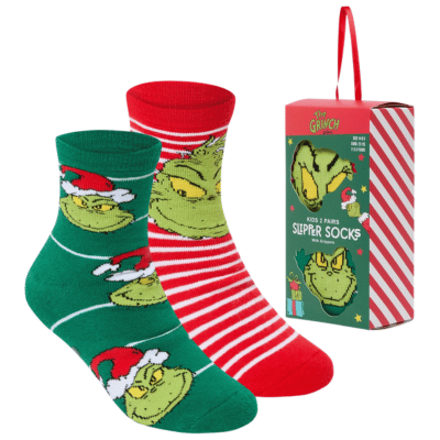 Kids 2 Pack Official Grinch Boxed Terry Slipper Socks With Grip