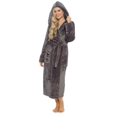 Ladies Supersoft Flannel Fleece Hooded Wrap Gown - Charcoal