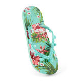 Ladies Tropical Print Flip Flops With Pom Poms Aqua