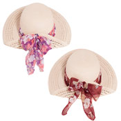 Ladies Straw Wide Brim Hat With Floral Scarf Band