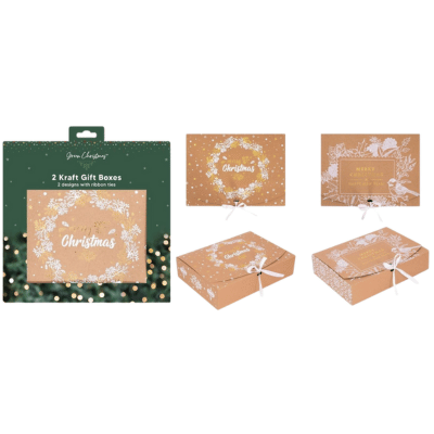 Christmas Kraft Gift Box Wreath & Robin - 2 Pack