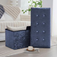 Velvet Cushioned Ottoman Storage Deep Sea Blue with Jewel