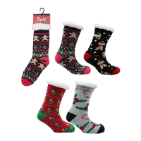 Ladies Sherpa Lined Christmas Design Cosy Slipper Socks With Gripper Sole