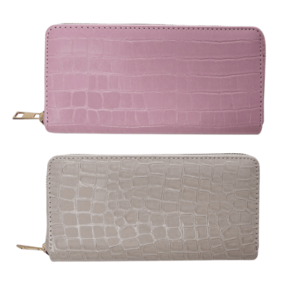 Ladies Large Croc Printed Purse - Pink & Cream