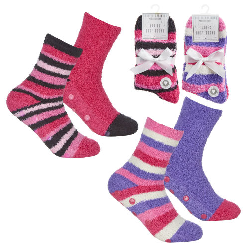 Ladies 2 Pack Stripe Cosy Socks With Grippers Wholesale Socks Wholesale Ladies Socks A&K