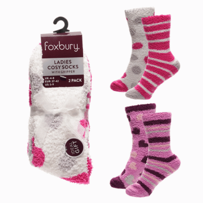 Ladies 2 Pack Design Cosy Socks With Gripper With Ribbon
