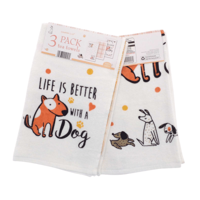 Dogs Design 100% Cotton 3 Pack Velour Tea Towels