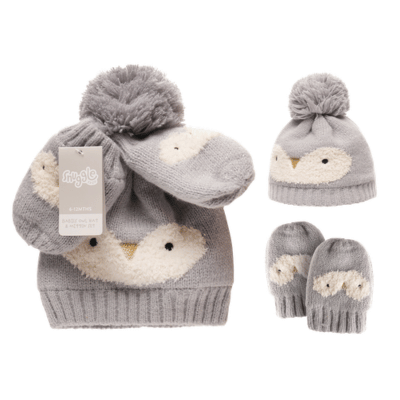 Babies Owl Design Hats and Mitten Set