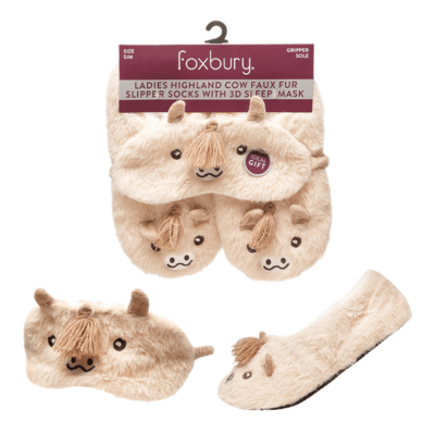 Ladies Highland Cow Faux Fur Slipper Socks With 3D Sleep Mask